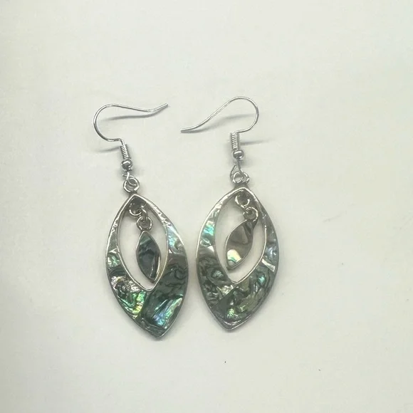 Vintage Taxco Mexican Alpaca Abalone Double Teardrop Earrings - Picture 4 of 6